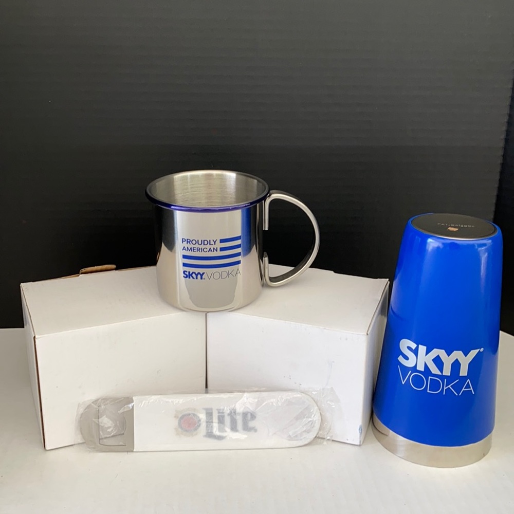 2 Skyy Vodka Branded Mule Mugs. Skyy Shaker Tin. Miller Lite bottle Opener